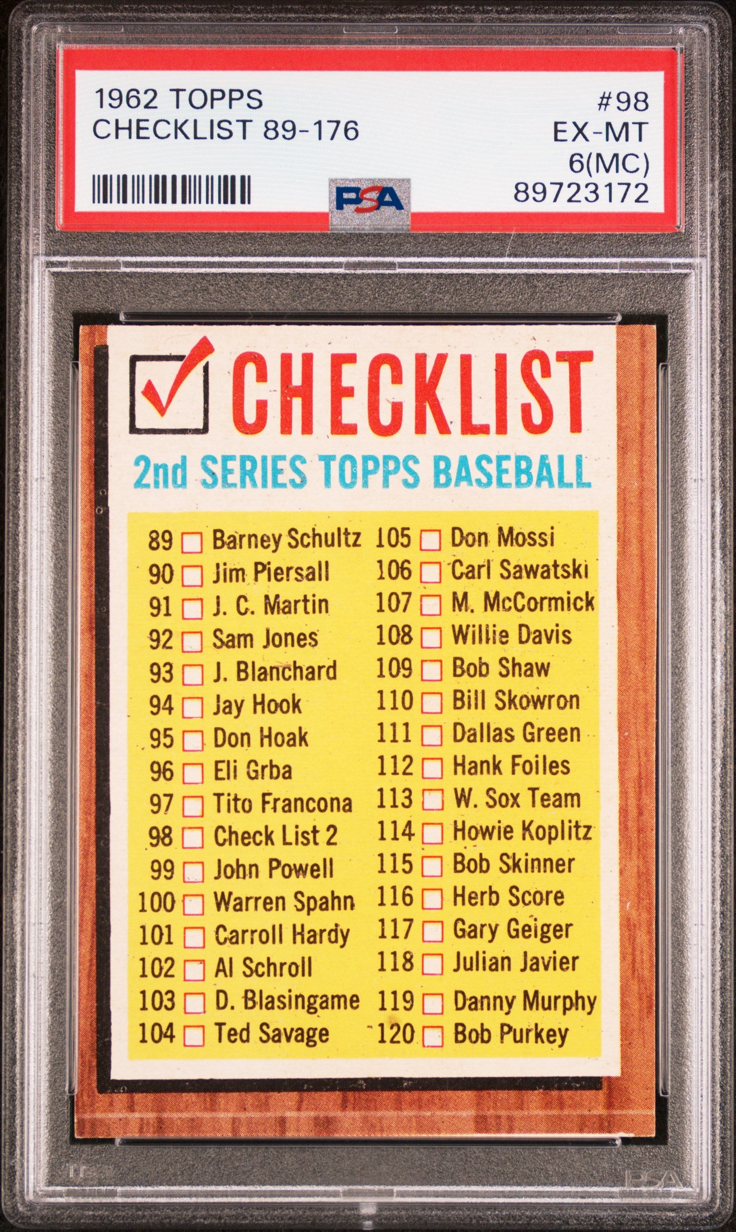 1962 TOPPS CHECKLIST 89-176 #98 PSA 6