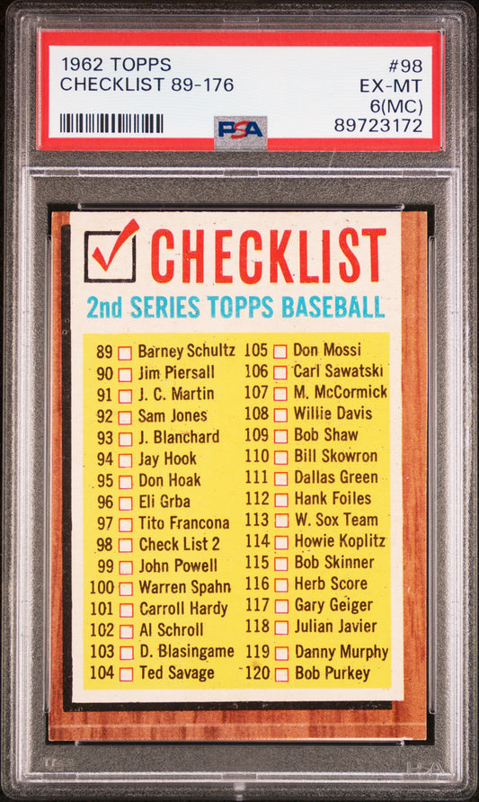 1962 TOPPS CHECKLIST 89-176 #98 PSA 6