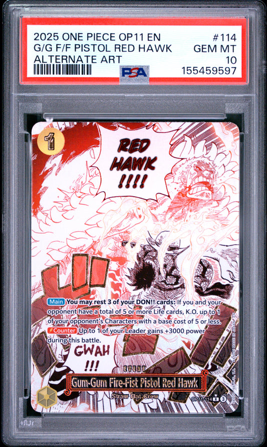 2025 ONE PIECE OP11-A FIST OF DIVINE SPEED G/G F/F PISTOL RED HAWK #114 ALTERNATE ART PSA 10