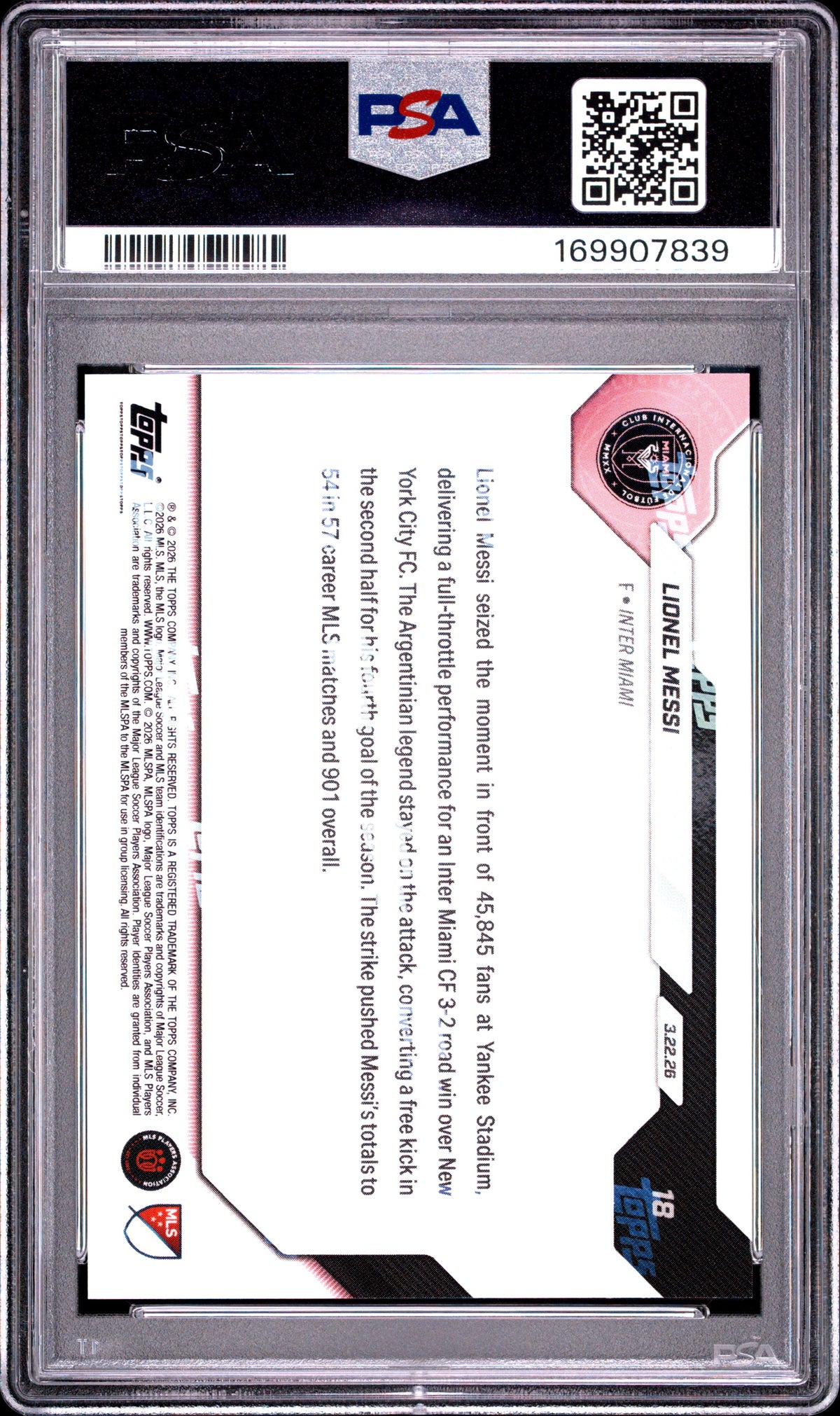 2026 TOPPS NOW MLS LIONEL MESSI #18 PSA 10