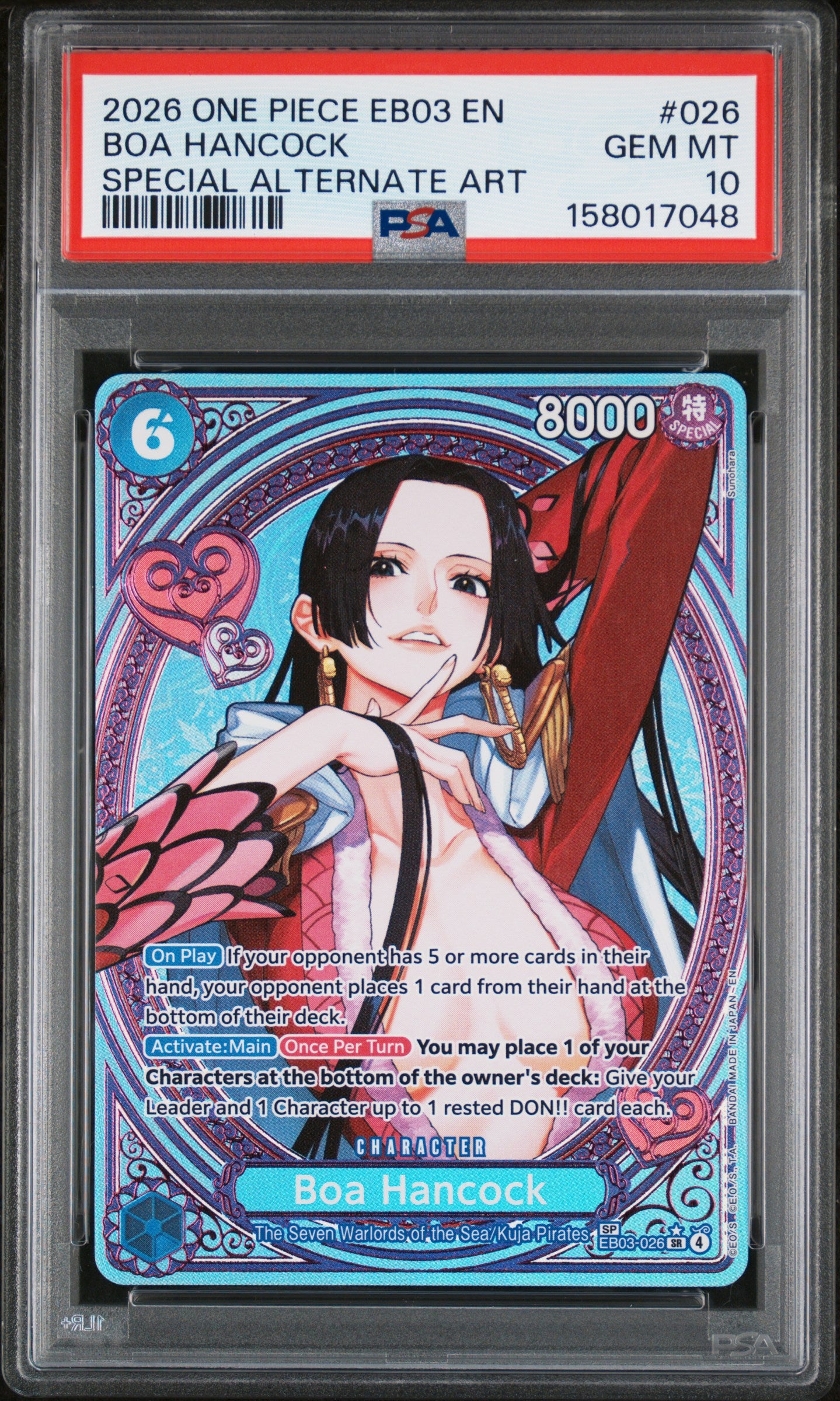 2026 ONE PIECE EB03-EXTRA BOOSTER -ONE PIECE HEROINES EDITION- BOA HANCOCK #026 SPECIAL ALTERNATE ART PSA 10
