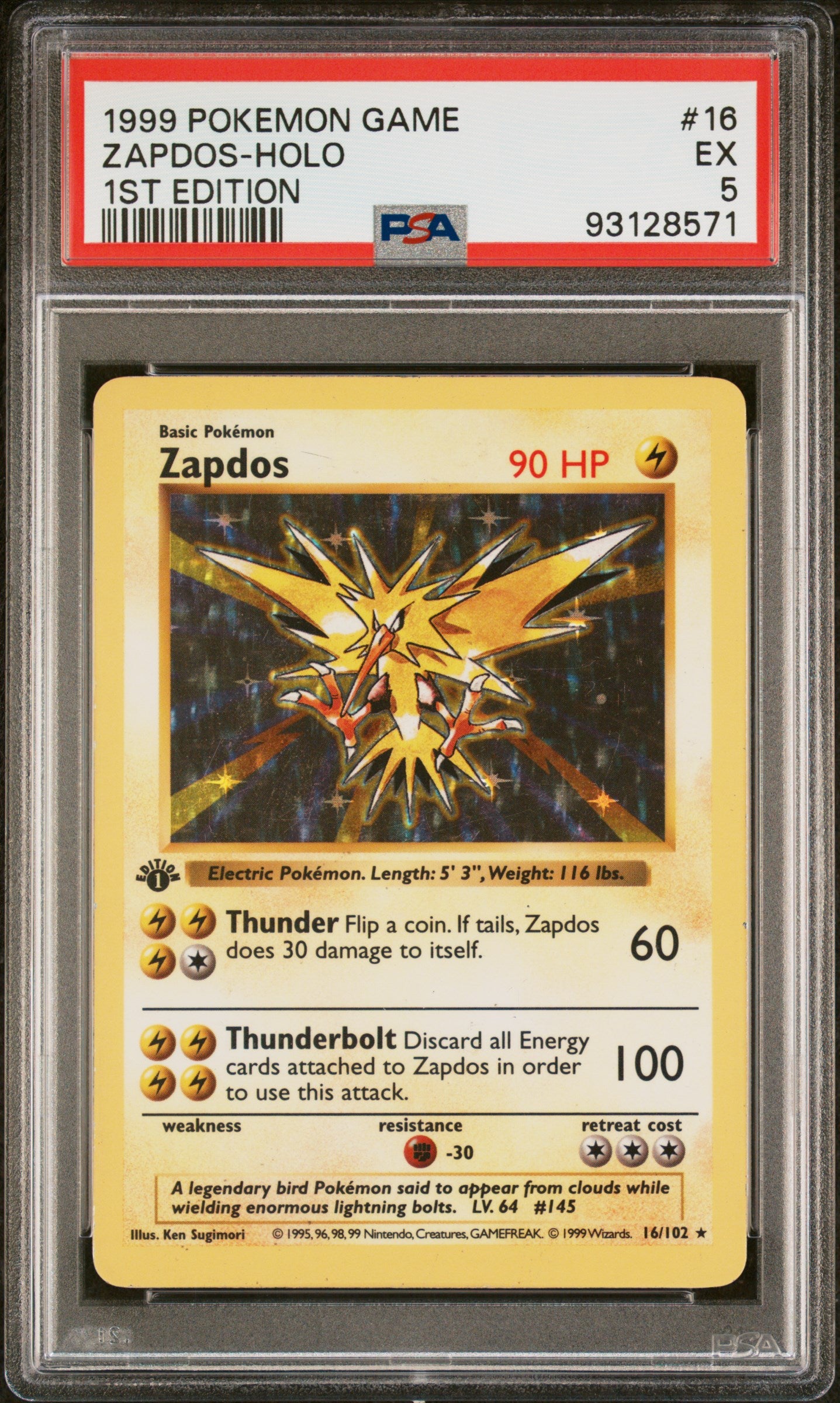 1999 Pokemon Game #16 Zapdos-Holo 1st Edition PSA 5