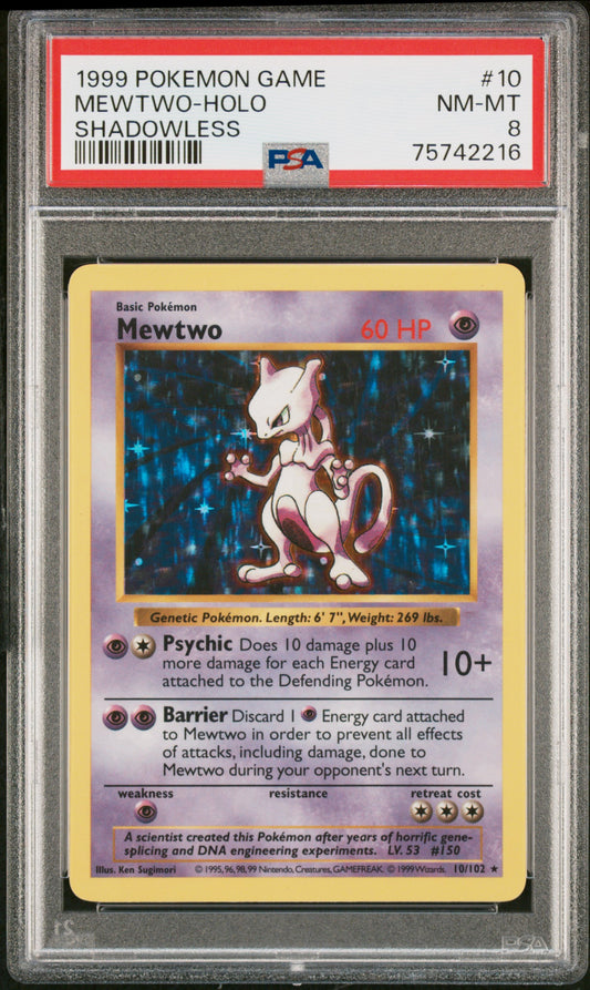 1999 Pokemon Game #10 Mewtwo-Holo Shadowless PSA 8