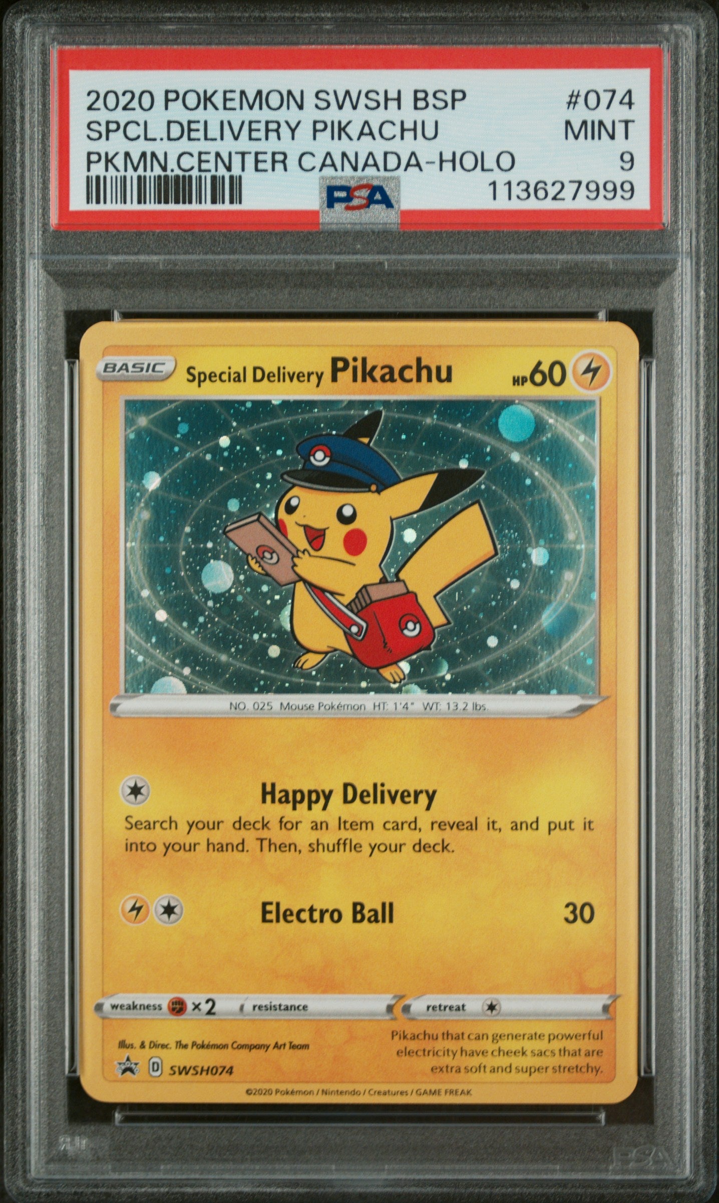 2020 Pokemon Swsh Black Star Promo #074 Spcl.Delivery Pikachu Pkmn.Center Canada-Holo PSA 9