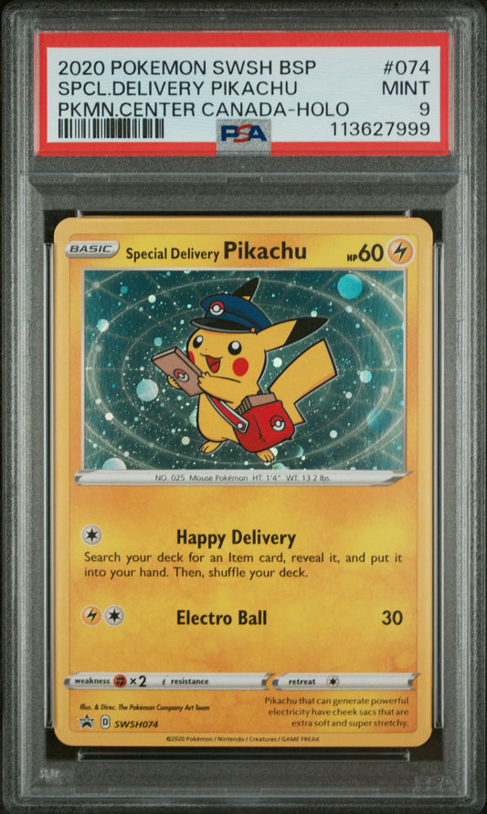 2020 Pokemon Swsh Black Star Promo #074 Spcl.Delivery Pikachu Pkmn.Center Canada-Holo PSA 9
