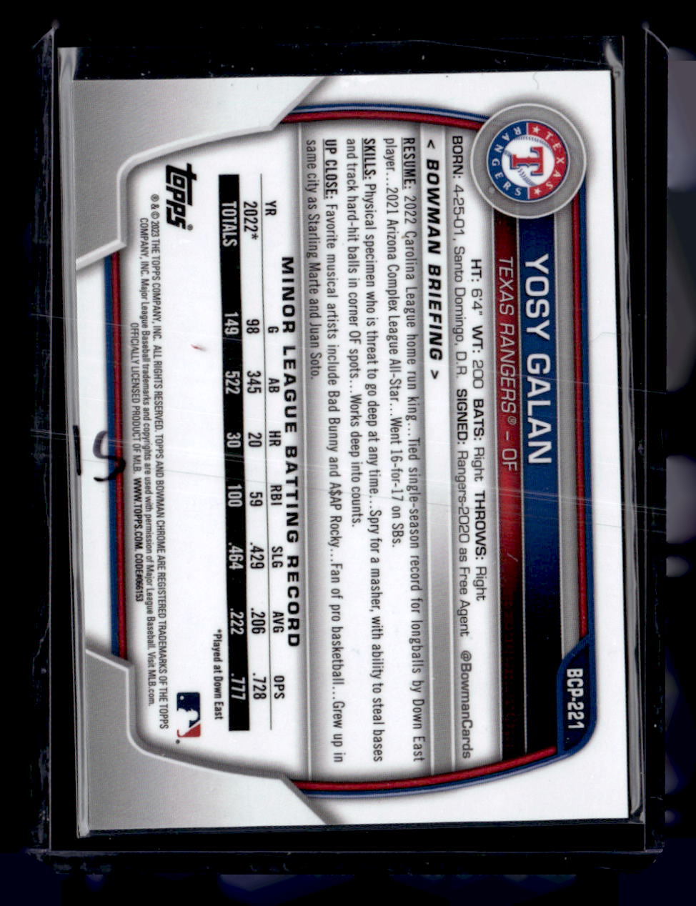 2023 Bowman Chrome Sapphire Edition #BCP-221 Yosy Galan Prospects Yellow #/50