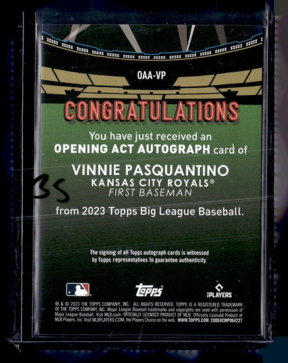 2023 Topps Big League #OAA-VP Vinnie Pasquantino Opening Act Auto Green #/99