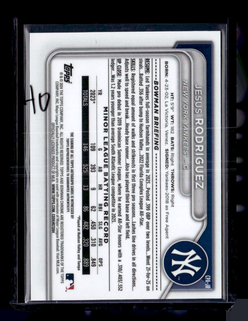 2024 Bowman #CPA-JR Jesus Rodriguez Chrome Prospect Auto Blue Refractor #/150