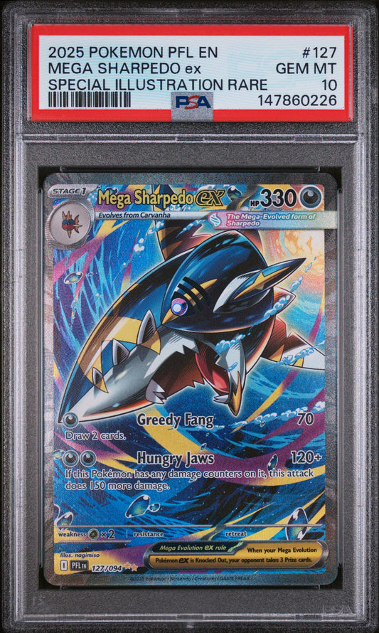 2025 Pokemon Pfl En-Phantasmal Flames #127 Mega Sharpedo Ex Special Illustration Rare PSA 10