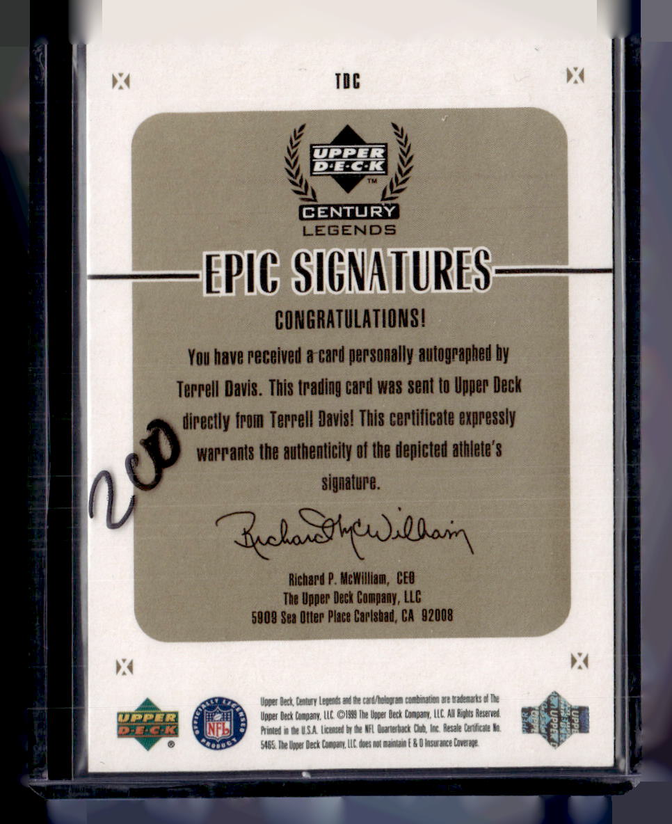 1999 Upper Deck Century Legends #TDC Terrell Davis Epic Signatures Gold #/100