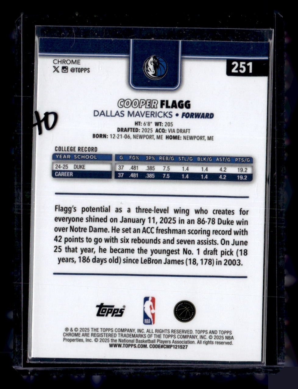 2025-26 Topps Chrome #251 Cooper Flagg
