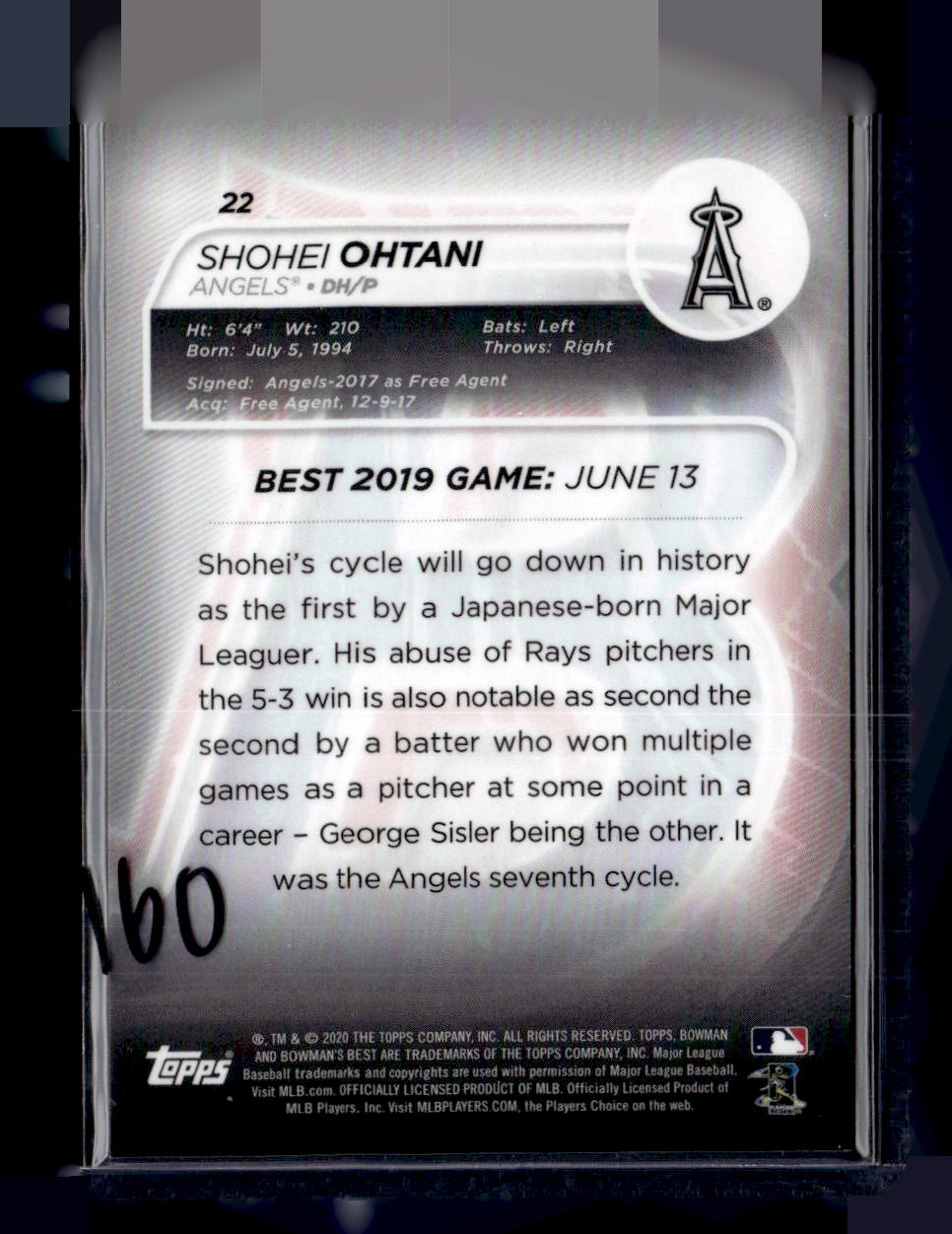 2020 Bowman's Best #22 Shohei Ohtani Blue Refractor #/150