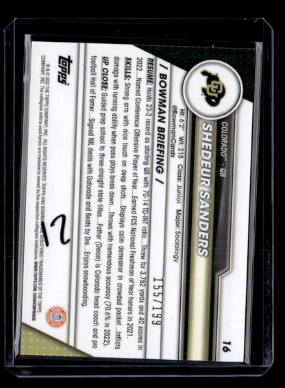 2023 Bowman University Chrome #16 Shedeur Sanders Blue Refractor #/199