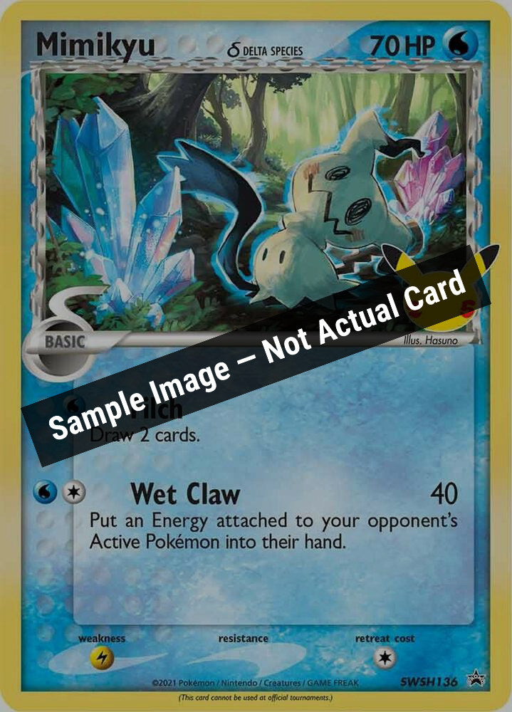Pokemon,SWSH: Sword & Shield Promo Cards,Mimikyu (Delta Species) - SWSH136,Holofoil,Lightly Played — Sample Image, Not Actual Card