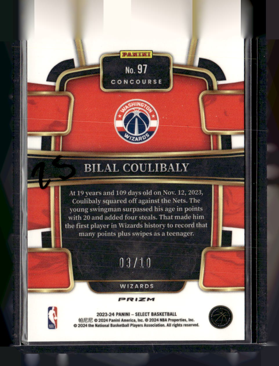 2023-24 Panini Select #97 Bilal Coulibaly Gold Flash Prizms #/10