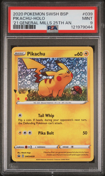 2020 Pokemon Swsh Black Star Promo #039 Pikachu-Holo '21 General Mills 25th An. PSA 9