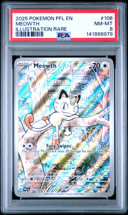 2025 Pokemon Pfl En-Phantasmal Flames #106 Meowth Illustration Rare PSA 8