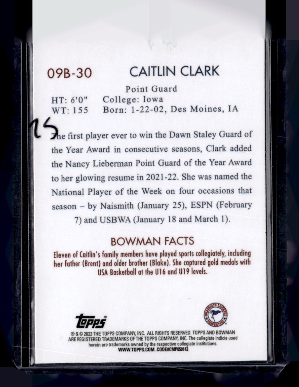 2022-23 Bowman University Chrome #09B-30 Caitlin Clark 2009 Bowman