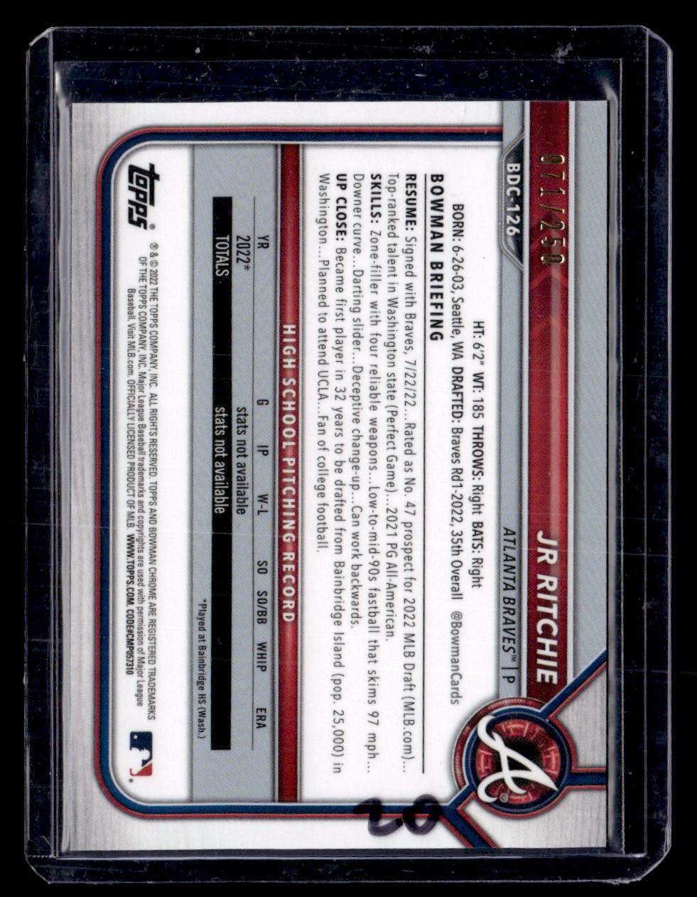 2022 Bowman Draft #BD-126 JR Ritchie Purple #/250