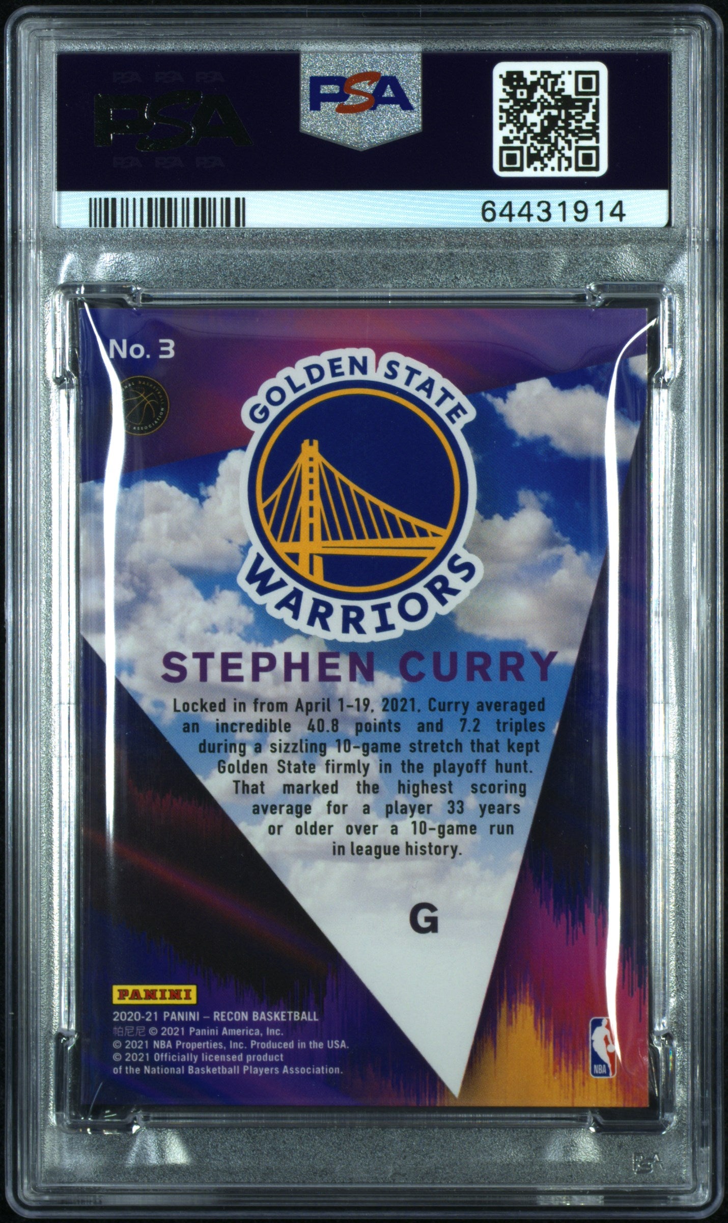 2020 Panini Recon #3 Stephen Curry Sky'S The Limit-Purple PSA 8 64431914