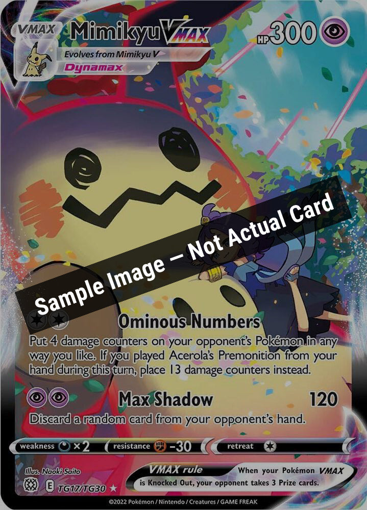 Pokemon,SWSH09: Brilliant Stars Trainer Gallery,Mimikyu VMAX - TG17/TG30,Holofoil,Lightly Played — Sample Image, Not Actual Card