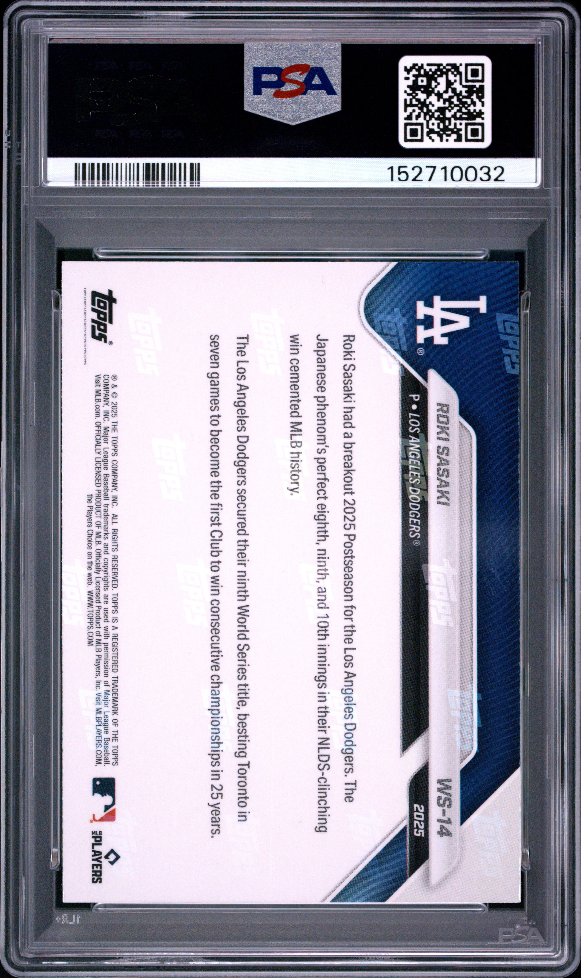 2025 Topps Now World Series Champions #14 Roki Sasaki PSA 10 152710032