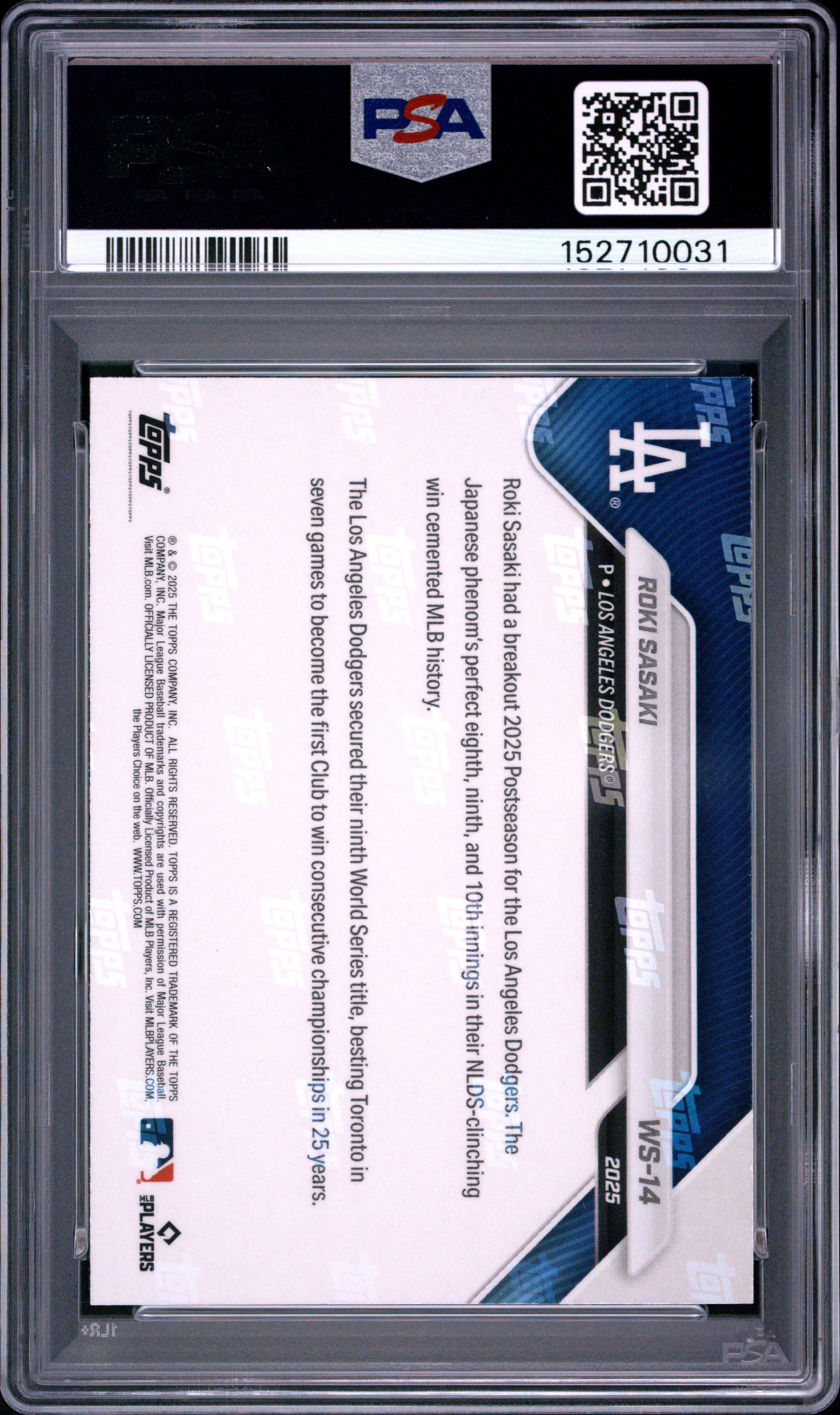 2025 Topps Now World Series Champions #14 Roki Sasaki PSA 10 152710031
