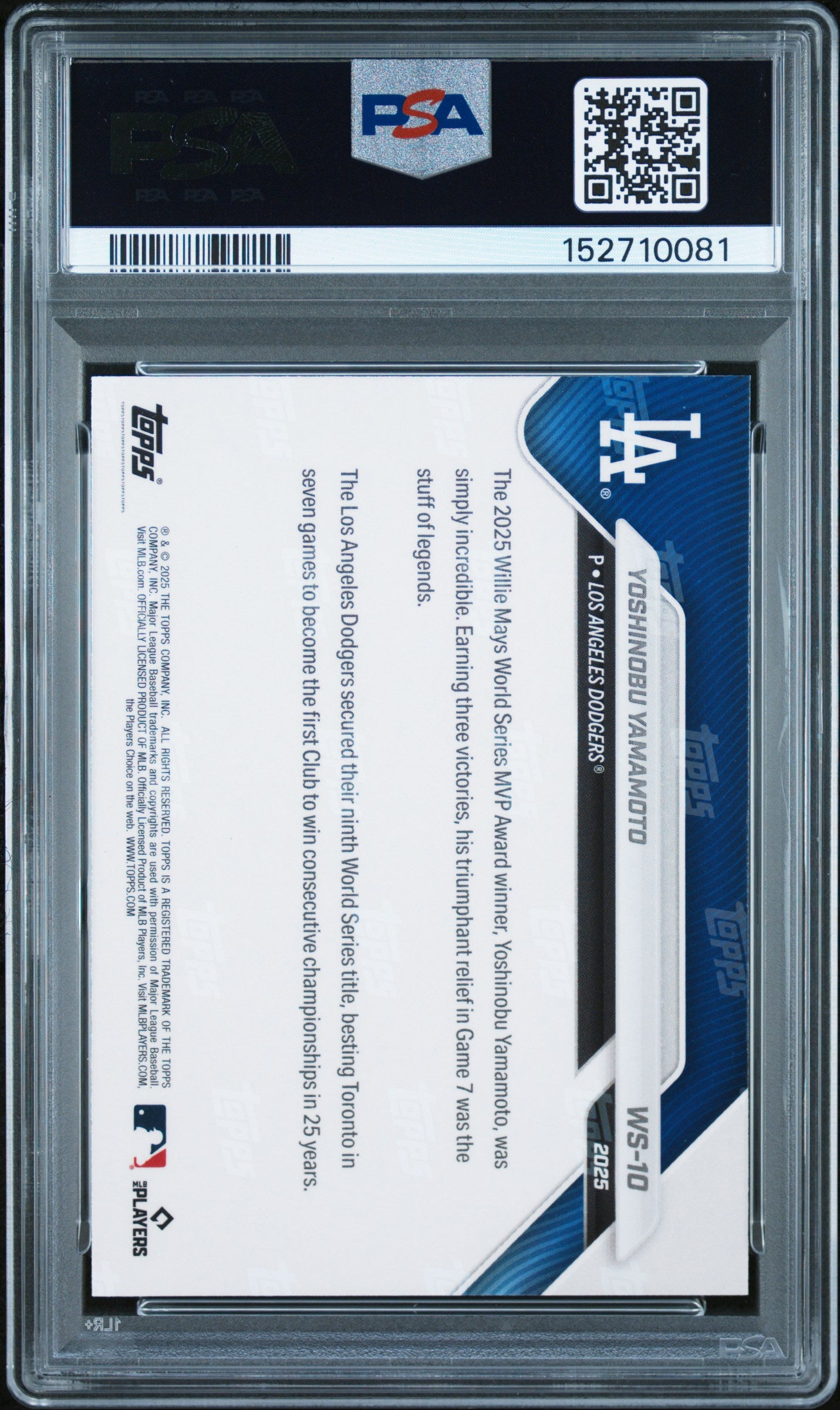 2025 Topps Now World Series Champions #10 Yoshinobu Yamamoto PSA 10