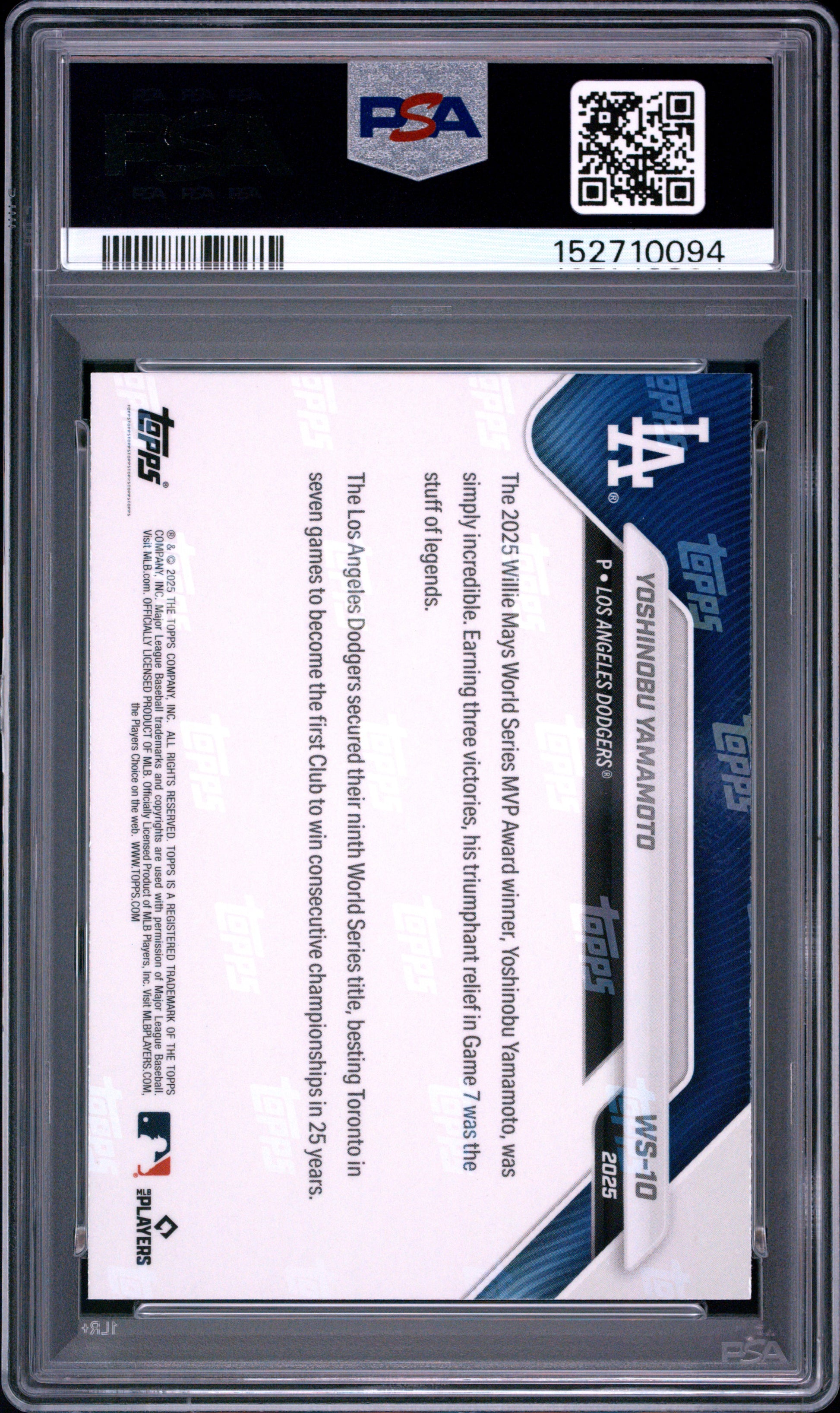 2025 Topps Now World Series Champions #10 Yoshinobu Yamamoto PSA 10
