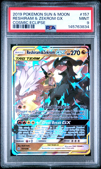 2019 Pokemon Sun & Moon Cosmic Eclipse #157 Reshiram & Zekrom Gx PSA 9