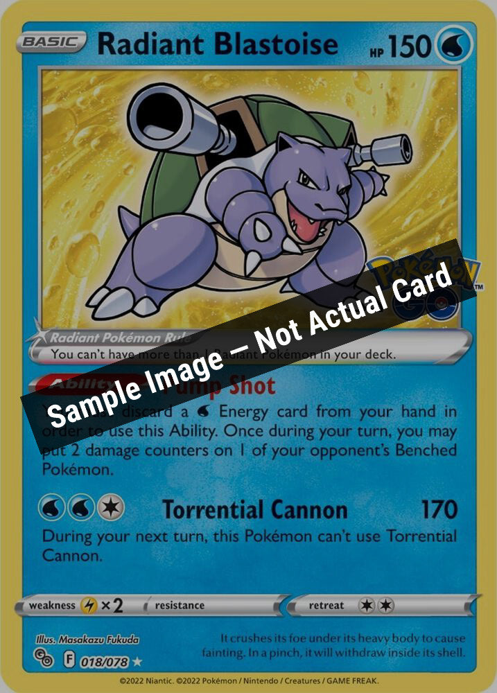 Pokemon,Pokemon GO,Radiant Blastoise - 018/078,Holofoil,Near Mint — Sample Image, Not Actual Card