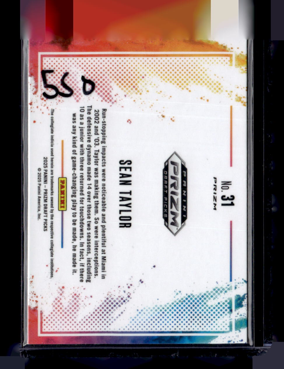 2025 Panini Prizm Draft Picks #31 Sean Taylor Black Color Blast