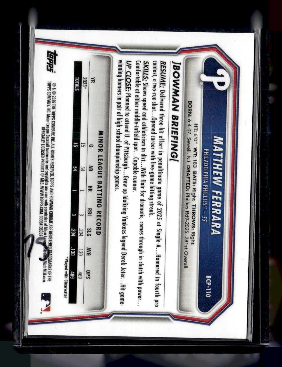 2026 Bowman #BCP-110 Matthew Ferrara Gold Shimmer Refractor #/50