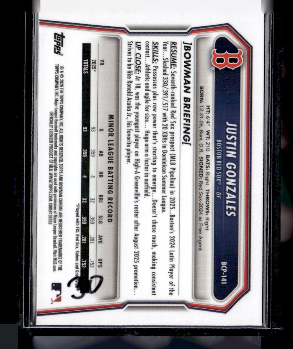 2026 Bowman #BCP-141 Justin Gonzales Chrome Prospects Wave Refractor #/350