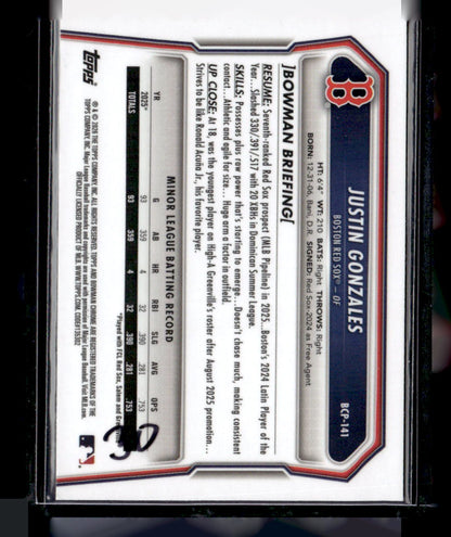 2026 Bowman #BCP-141 Justin Gonzales Chrome Prospects Wave Refractor #/350