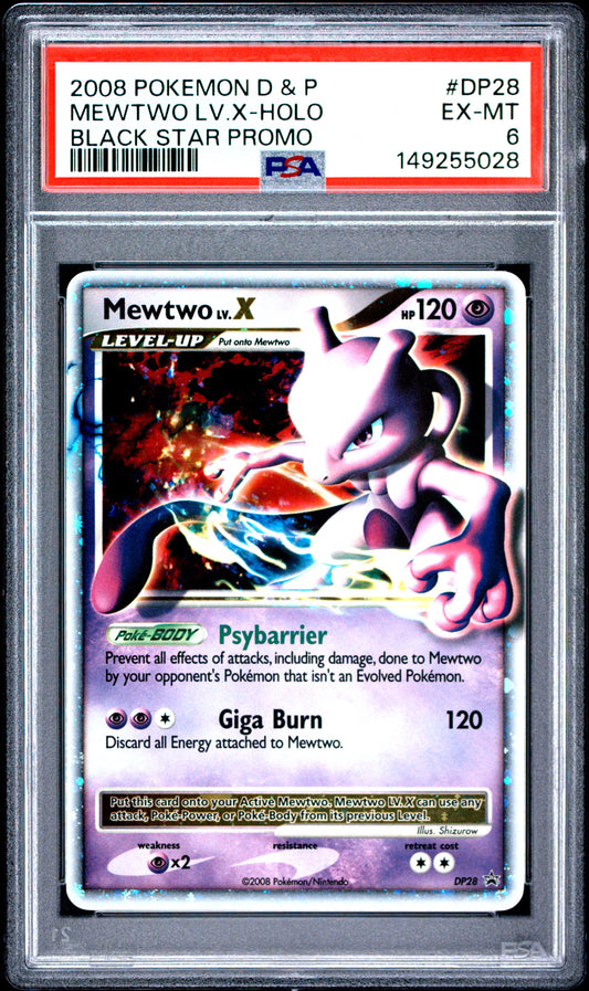 2008 POKEMON DIAMOND & PEARL BLACK STAR PROMO MEWTWO LV.X-HOLO #DP28 BLACK STAR PROMO PSA 6