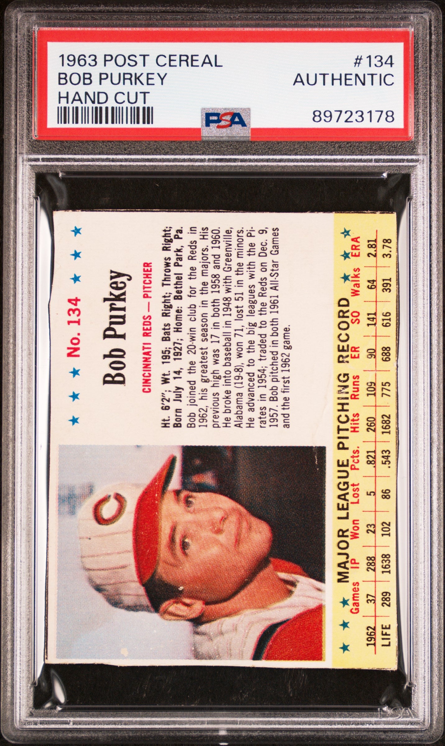 1963 POST CEREAL BOB PURKEY #134 HAND CUT PSA 0