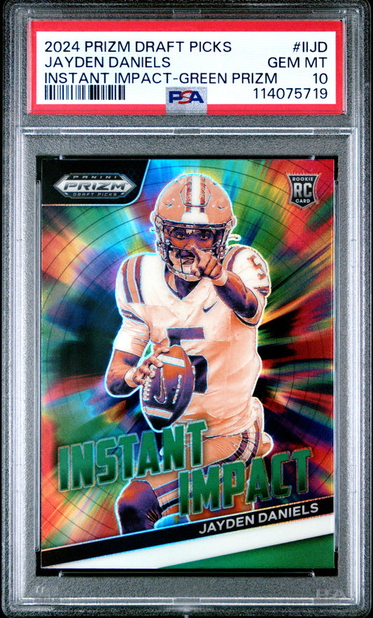 2024 PANINI PRIZM DRAFT PICKS INSTANT IMPACT JAYDEN DANIELS #IIJD INSTANT IMPACT-GREEN PRIZM PSA 10