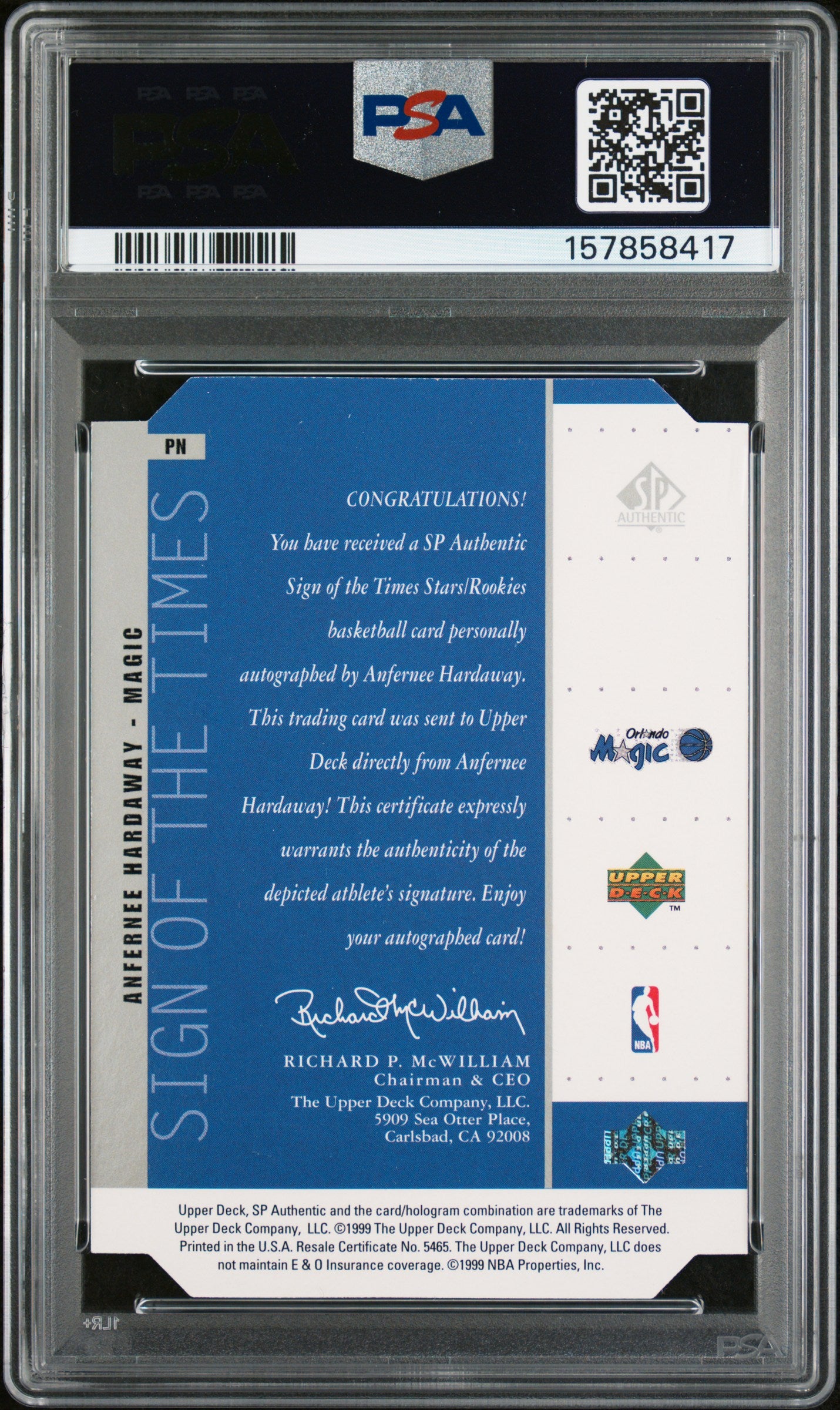 1998 Sp Authentic #PN Anfernee Hardaway Sign Of The Times-Silver PSA 8 157858417