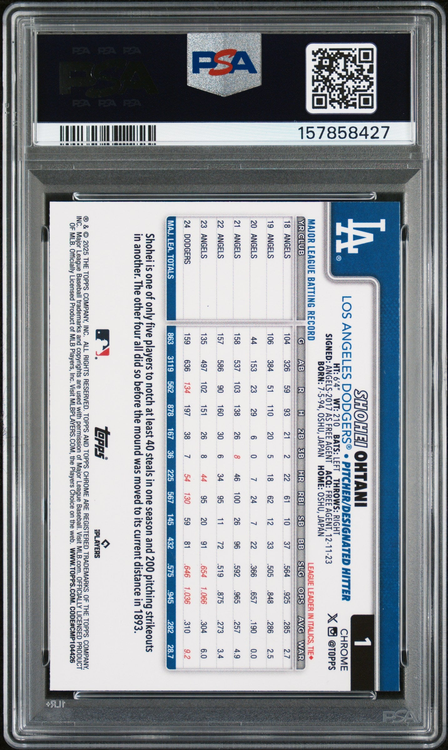 2025 Topps Chrome #1 Shohei Ohtani Prism Refractor PSA 10 157858427