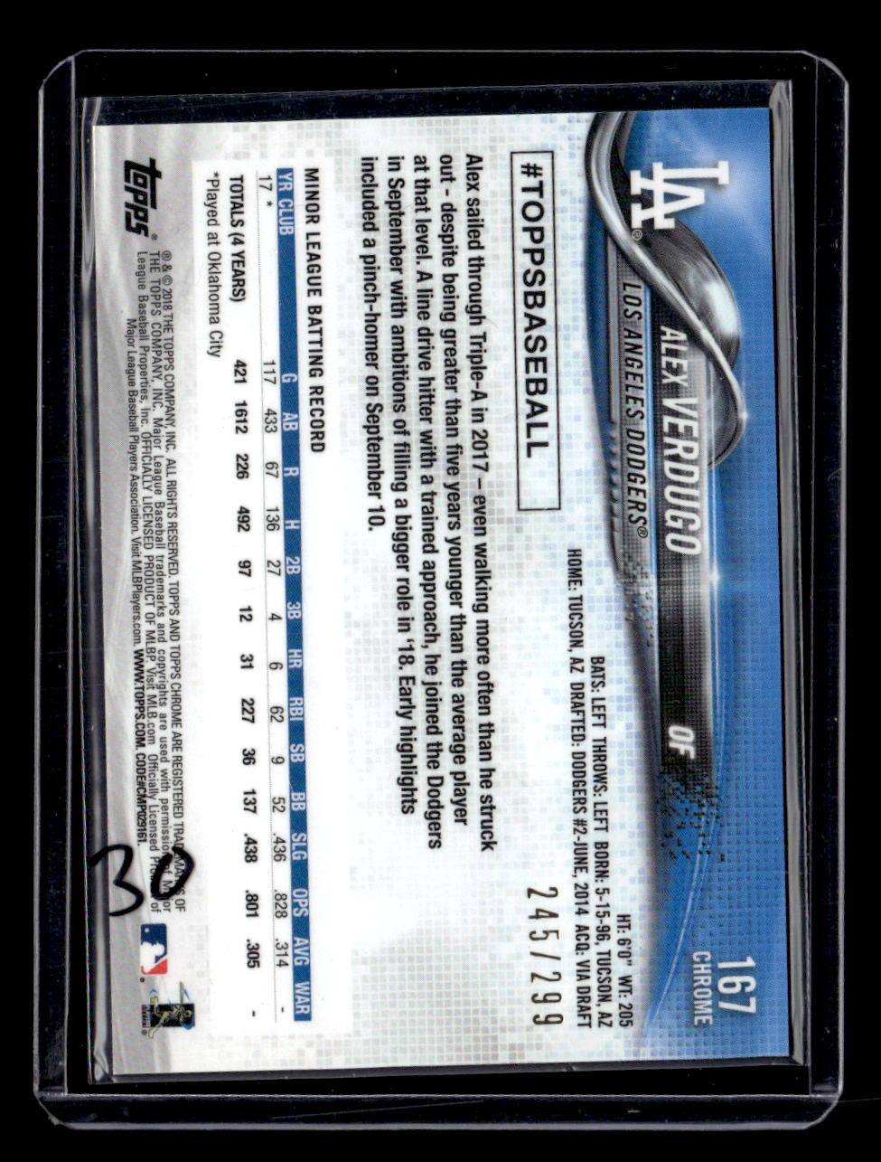 2018 Topps Chrome #167 Alex Verdugo Purple Refractor #/299