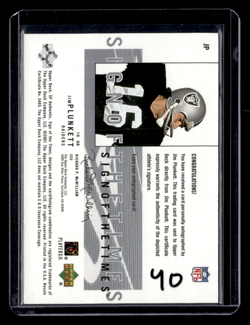 2001 SP Authentic #JP Jim Plunkett Sign of the Times