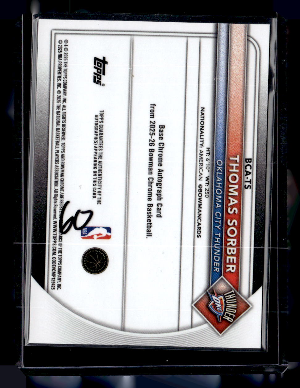 2025-26 Bowman #BCA-TS Thomas Sorber Chrome Autographs Gold Refractor #/50