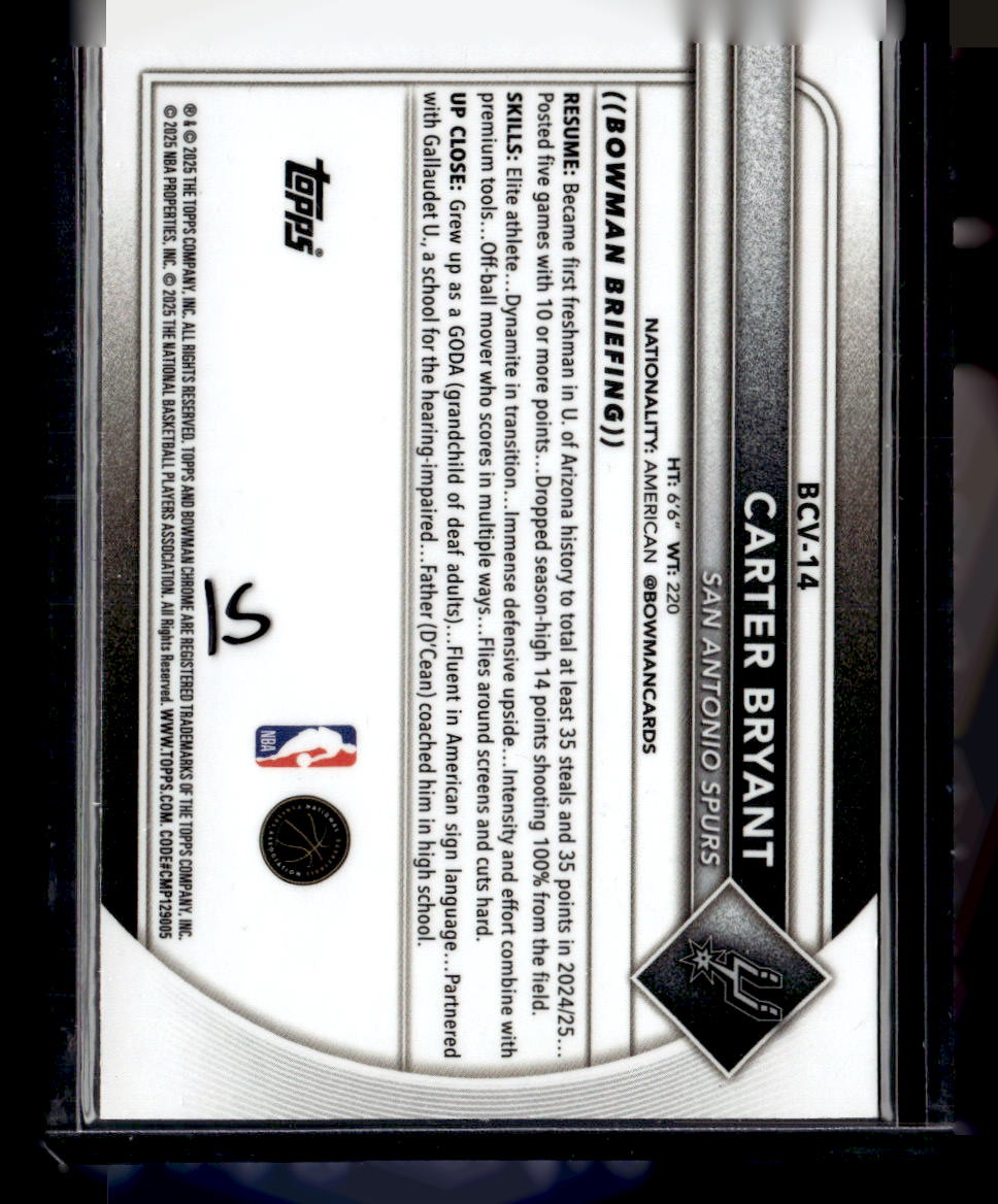 2025-26 Bowman #BCV-14 Carter Bryant Chrome Speckle Refractors #/299