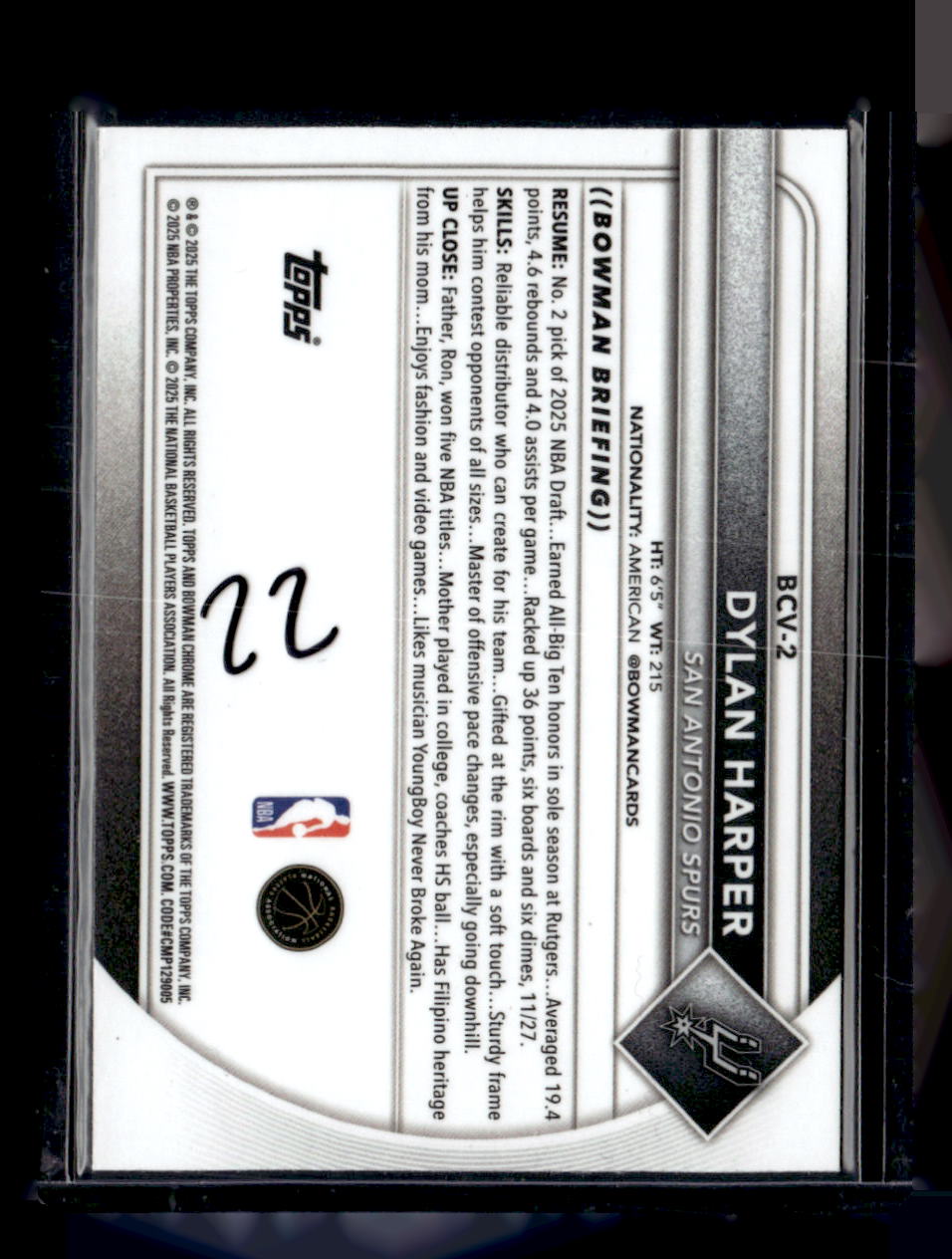 2025-26 Bowman #BCV-2 Dylan Harper Chrome Reptilian Refractors