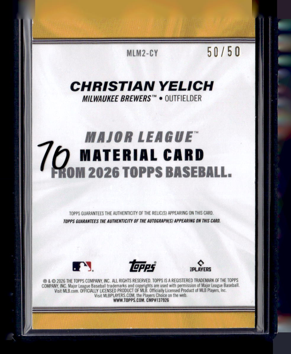 2026 Topps #MLM2-CY Christian Yelich Major League Materials Relics Gold #/50