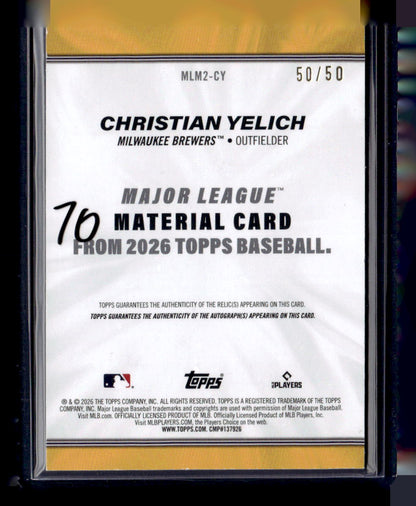 2026 Topps #MLM2-CY Christian Yelich Major League Materials Relics Gold #/50