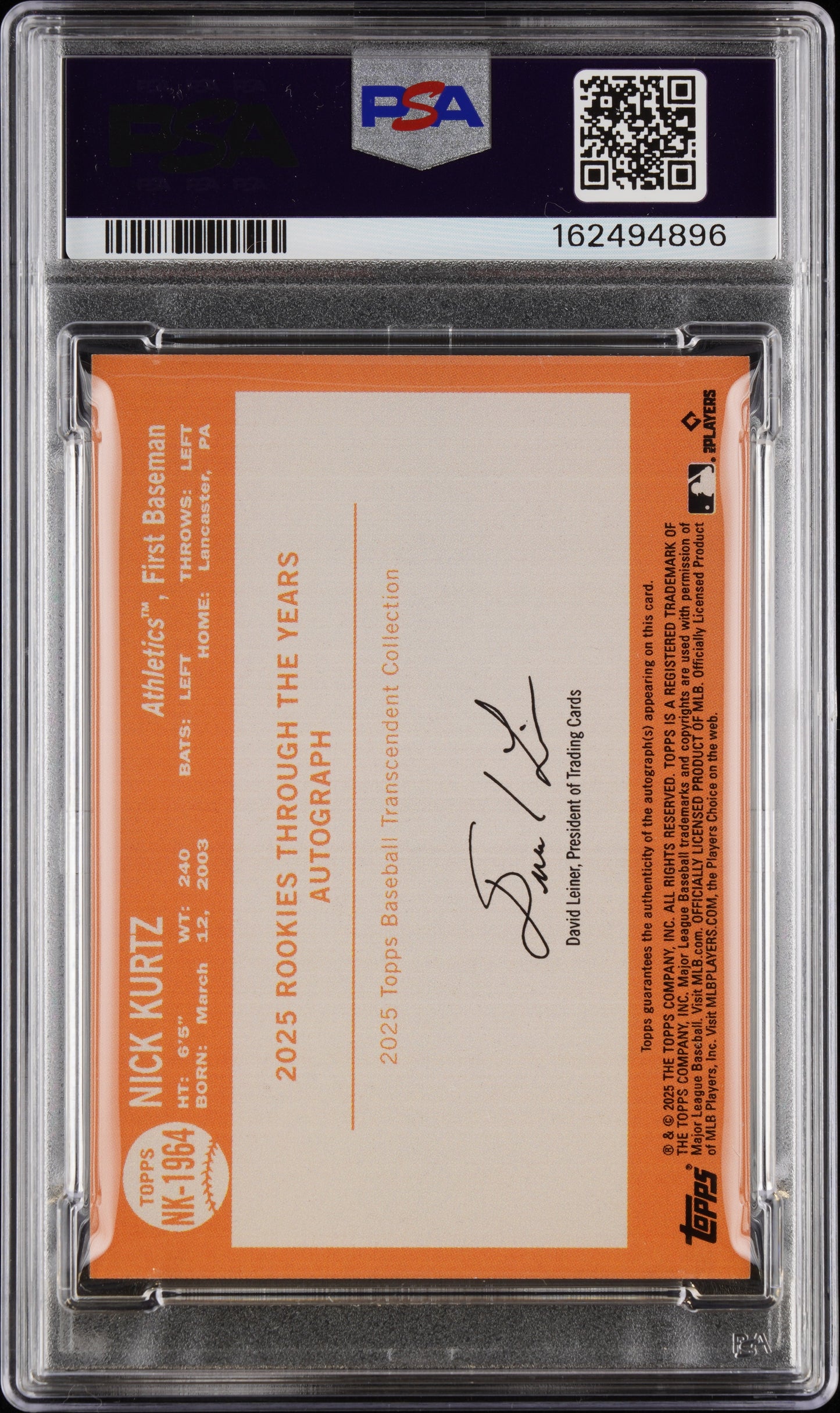 2025 Topps Rookie Through The Years Auto 1/1 #1964 Nick Kurtz PSA 9 162494896