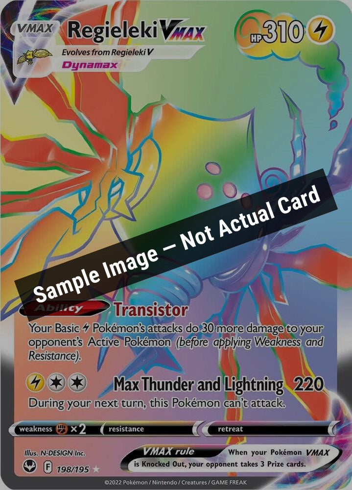 Pokemon,SWSH12: Silver Tempest,Regieleki VMAX (Secret) - 198/195,Holofoil,Near Mint — Sample Image, Not Actual Card