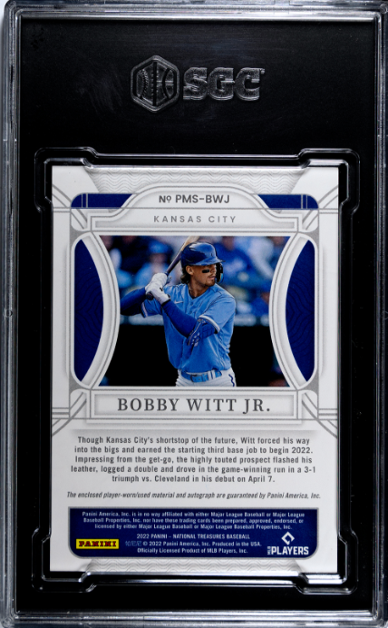 2022 National Treasures #PMS-BWJ Bobby Witt Jr. Mat. Sigs. Gold /25 SGC 10